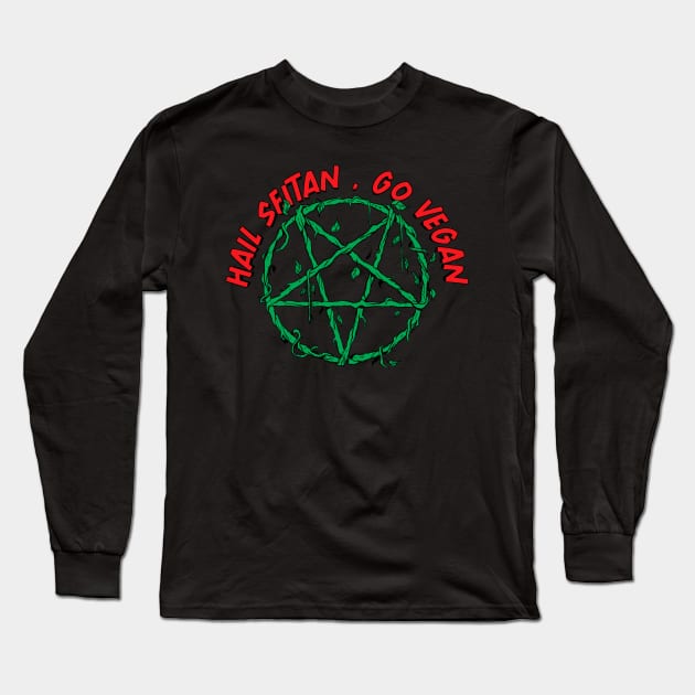 Hail Seitan Go Vegan Save Animals for Vegeterians Long Sleeve T-Shirt by A Comic Wizard